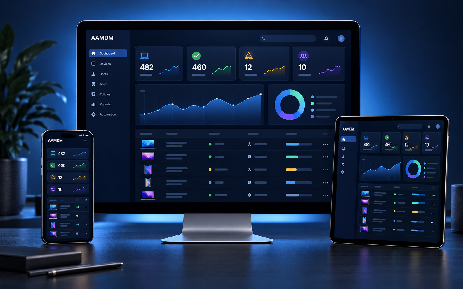 Illustrative AAMDM device management console across desktop, phone and tablet